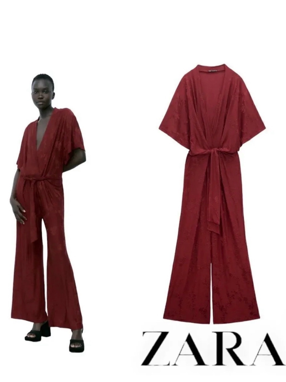Zara Jacquard Wide-Leg Jumpsuit with Tie Waist - Size L
